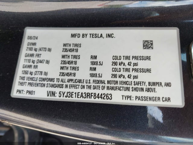 Aukcja sprzedaży 2024 Tesla Model 3 Long Range Dual Motor All-wheel Drive/rear-wheel Drive, vin: 5YJ3E1EA3RF844263, numer aukcji: 44854127