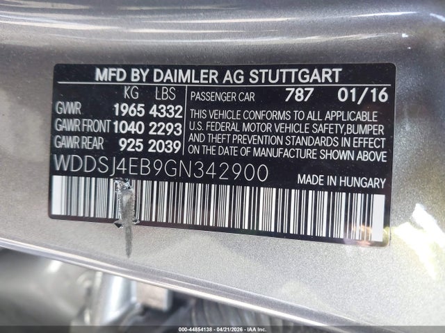 Aukcja sprzedaży 2016 Mercedes-benz Cla 250, vin: WDDSJ4EB9GN342900, numer aukcji: 44854138