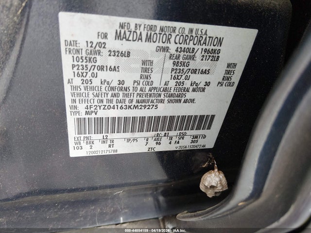 44854159 :رقم المزاد ، 4F2YZ04163KM29275 vin ، 2003 Mazda Tribute Lx مزاد بيع
