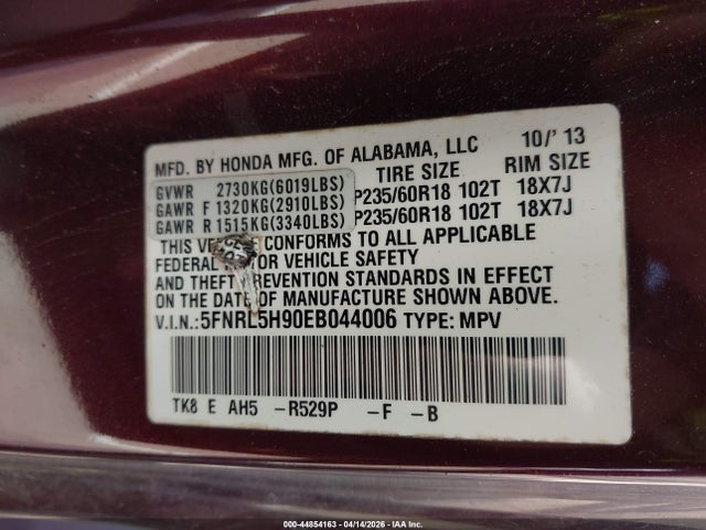 5FNRL5H90EB044006 Honda Odyssey Touring/touring Elite
