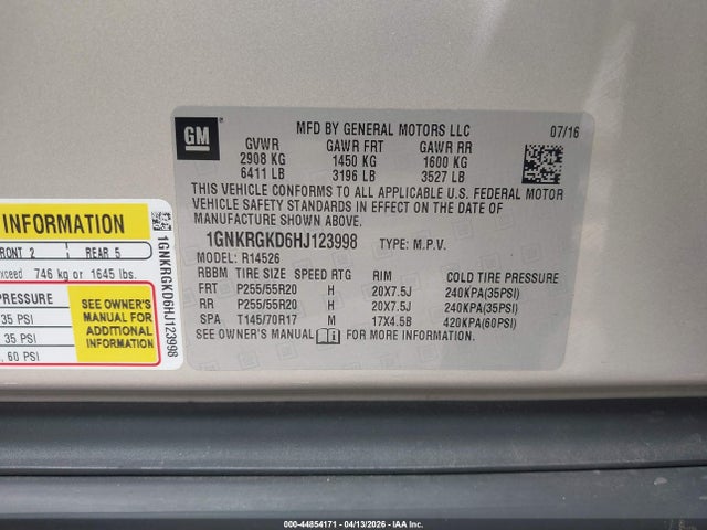 44854171 :رقم المزاد ، 1GNKRGKD6HJ123998 vin ، 2017 Chevrolet Traverse 1lt مزاد بيع