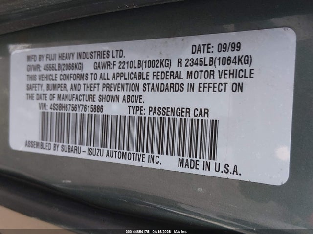 Продаж на аукціоні авто 2000 Subaru Outback, vin: 4S3BH6756Y7615886, номер лоту: 44854175