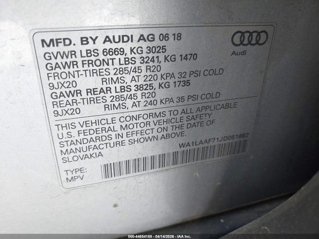 Продажа на аукционе авто 2018 Audi Q7 3.0t Premium, vin: WA1LAAF71JD051662, номер лота: 44854188