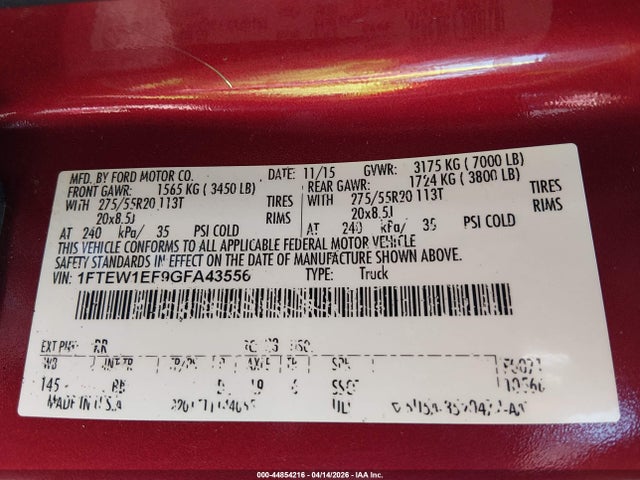 Продаж на аукціоні авто 2016 Ford F-150 Platinum, vin: 1FTEW1EF9GFA43556, номер лоту: 44854216