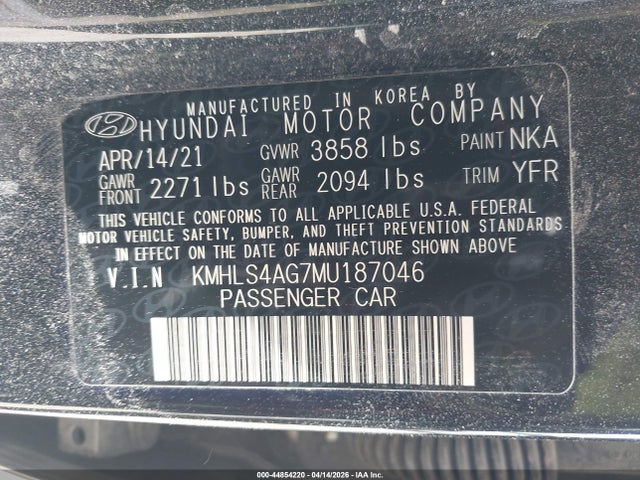 Продаж на аукціоні авто 2021 Hyundai Elantra Sel, vin: KMHLS4AG7MU187046, номер лоту: 44854220