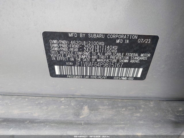 44854221 :رقم المزاد ، JF1VBAF64P9815167 vin ، 2023 Subaru Wrx Premium مزاد بيع