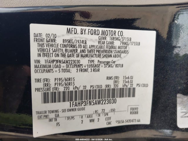 Продаж на аукціоні авто 2010 Ford Focus Se, vin: 1FAHP3FN5AW223030, номер лоту: 44854222