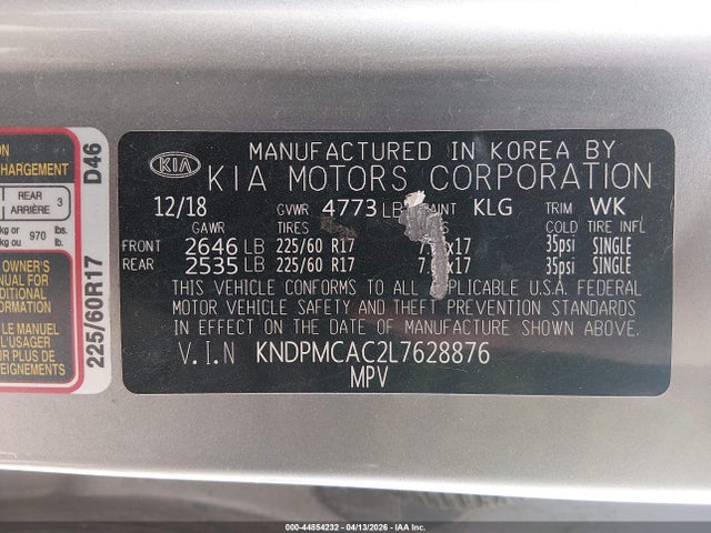 Продажа на аукционе авто 2020 Kia Sportage Lx, vin: KNDPMCAC2L7628876, номер лота: 44854232