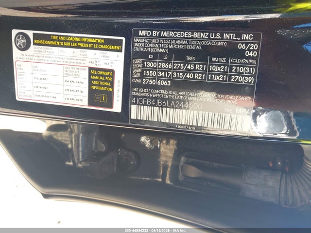 44854233 :رقم المزاد ، 4JGFB4JB6LA244600 vin ، 2020 Mercedes-benz Gle 350 مزاد بيع