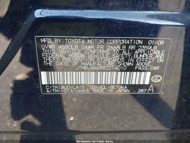 Продажа на аукционе авто 2008 Lexus Es 350, vin: JTHBJ46G882214010, номер лота: 44854238