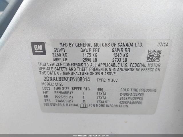 Aukcja sprzedaży 2015 Chevrolet Equinox 1lt, vin: 2GNALBEK0F6108014, numer aukcji: 44854250