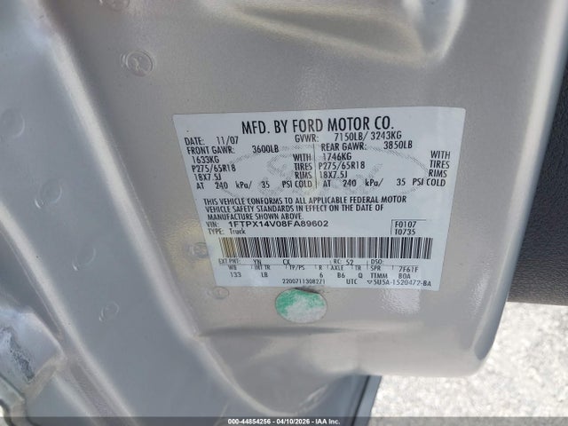 44854256 :رقم المزاد ، 1FTPX14V08FA89602 vin ، 2008 Ford F-150 Fx4/lariat/xl/xlt مزاد بيع