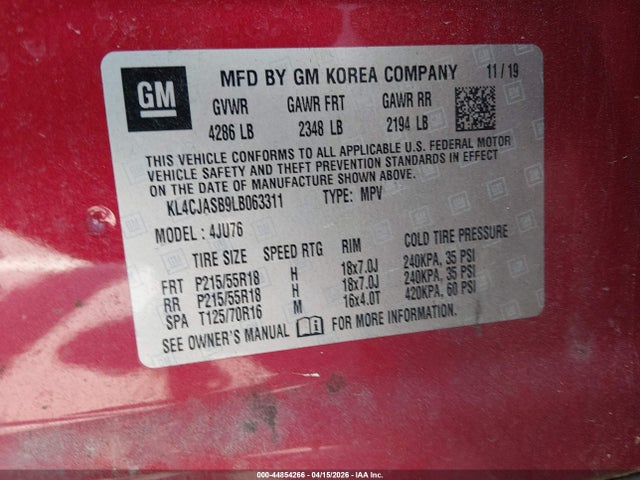 44854266 :رقم المزاد ، KL4CJASB9LB063311 vin ، 2020 Buick Encore Fwd Preferred مزاد بيع
