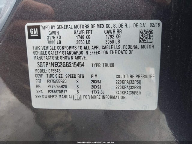 2016 Gmc Sierra 1500 Slt მანქანა იყიდება აუქციონზე, vin: 3GTP1NEC3GG215454, აუქციონის ნომერი: 44854288