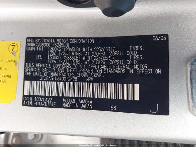 44854293 :رقم المزاد ، JTJGA31U640012428 vin ، 2004 Lexus Rx 330 مزاد بيع