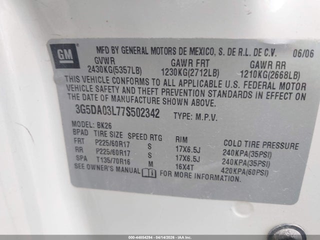 Продаж на аукціоні авто 2007 Buick Rendezvous Cx, vin: 3G5DA03L77S502342, номер лоту: 44854294