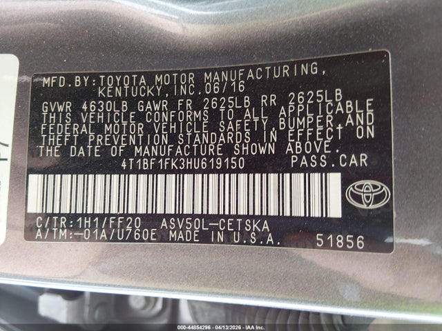 Aukcja sprzedaży 2017 Toyota Camry Se, vin: 4T1BF1FK3HU619150, numer aukcji: 44854296
