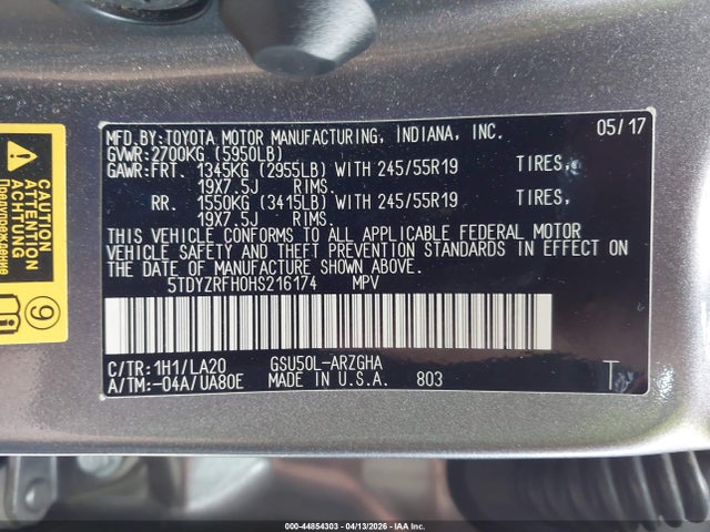 Продаж на аукціоні авто 2017 Toyota Highlander Limited, vin: 5TDYZRFH0HS216174, номер лоту: 44854303