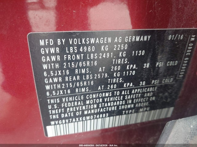Продажа на аукционе авто 2016 Volkswagen Tiguan S, vin: WVGBV7AXXGW074883, номер лота: 44854304