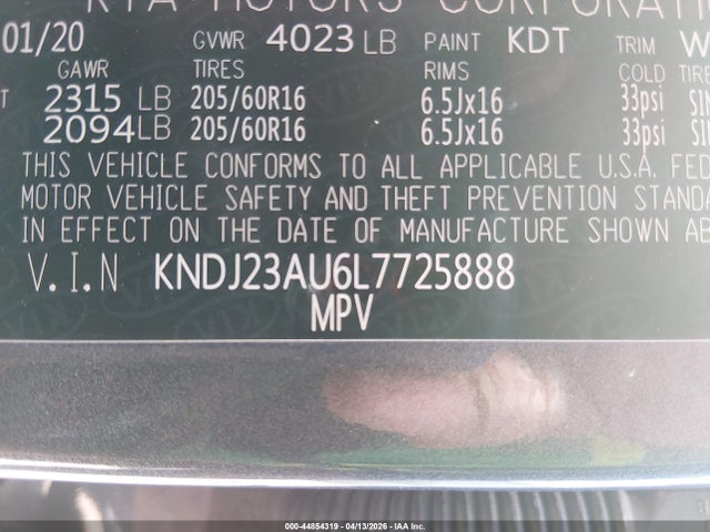 44854319 :رقم المزاد ، KNDJ23AU6L7725888 vin ، 2020 Kia Soul S مزاد بيع