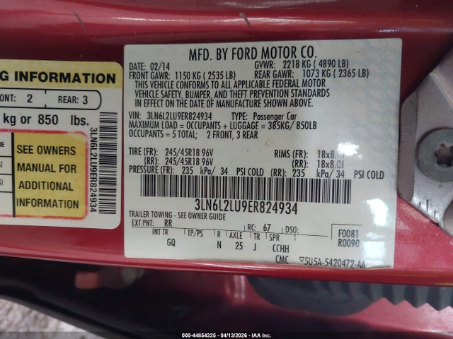 44854325 :رقم المزاد ، 3LN6L2LU9ER824934 vin ، 2014 Lincoln Mkz Hybrid مزاد بيع