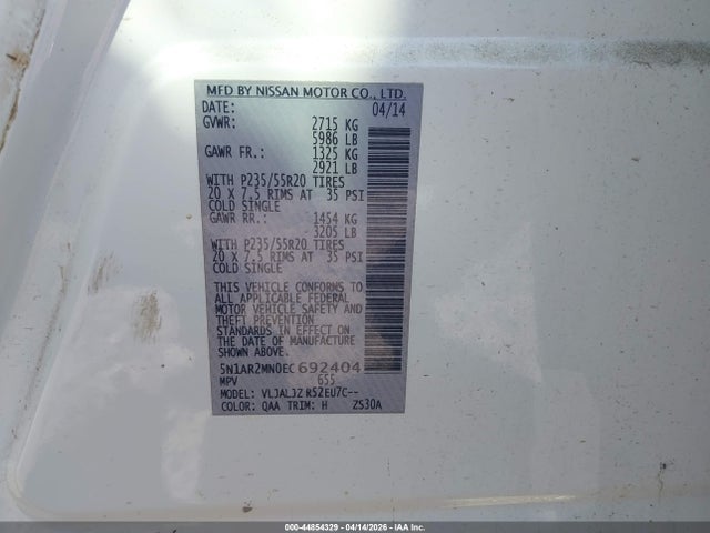 Продажа на аукционе авто 2014 Nissan Pathfinder Platinum, vin: 5N1AR2MN0EC692404, номер лота: 44854329