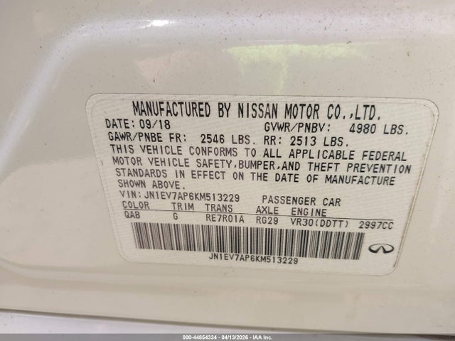 Aukcja sprzedaży 2019 Infiniti Q50 3.0t Luxe, vin: JN1EV7AP6KM513229, numer aukcji: 44854334