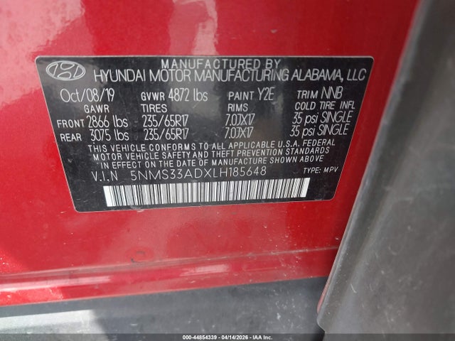 44854339 :رقم المزاد ، 5NMS33ADXLH185648 vin ، 2020 Hyundai Santa Fe Sel مزاد بيع