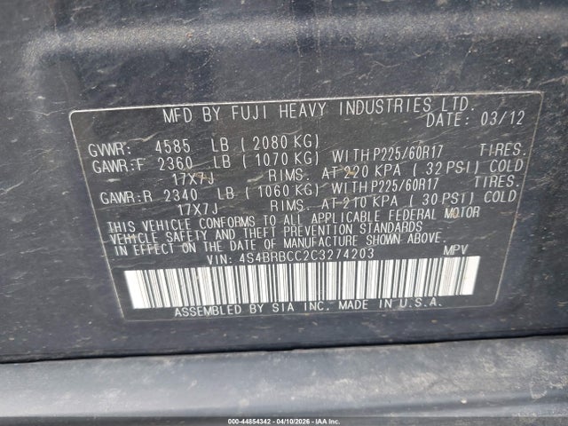 44854342 :رقم المزاد ، 4S4BRBCC2C3274203 vin ، 2012 Subaru Outback 2.5i Premium مزاد بيع