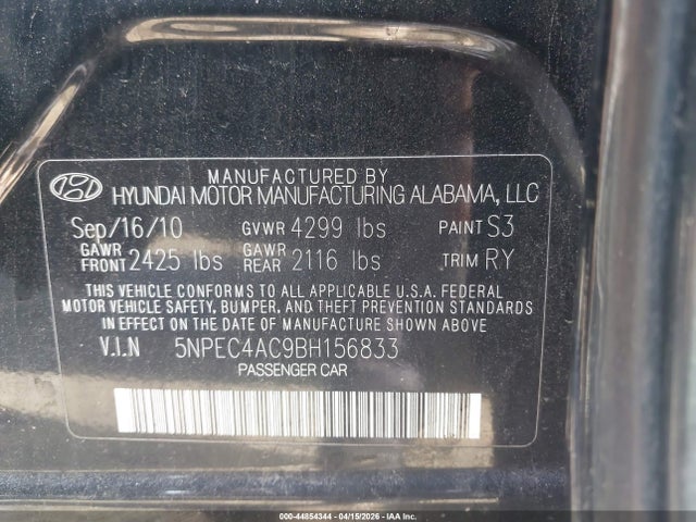 44854344 :رقم المزاد ، 5NPEC4AC9BH156833 vin ، 2011 Hyundai Sonata Se مزاد بيع