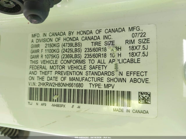 2HKRW2H80NH661680 Honda Cr-v Awd Ex-l