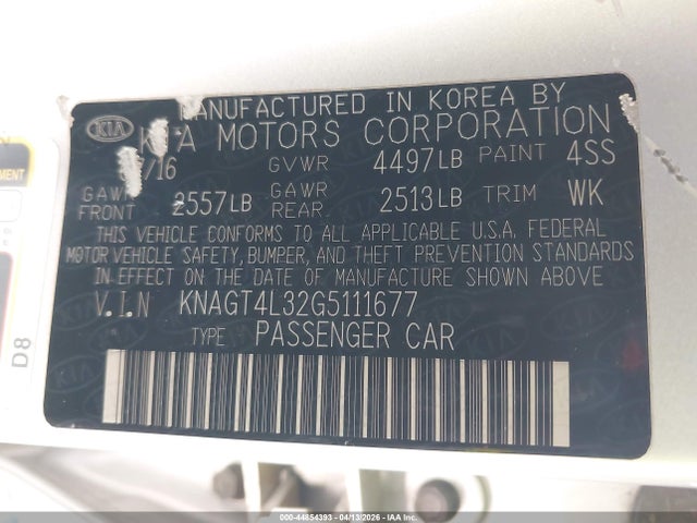 44854393 :رقم المزاد ، KNAGT4L32G5111677 vin ، 2016 Kia Optima Lx مزاد بيع