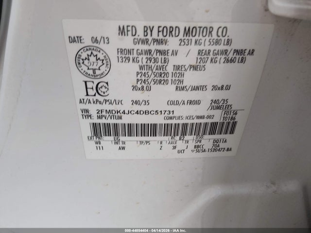 Aukcja sprzedaży 2013 Ford Edge Sel, vin: 2FMDK4JC4DBC51731, numer aukcji: 44854404