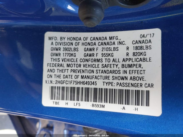 2HGFC1F75HH649345 Honda Civic Ex-l
