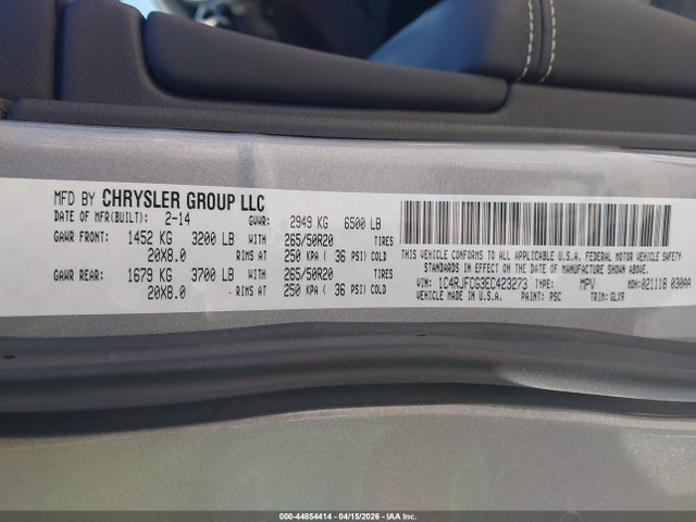 2014 Jeep Grand Cherokee Overland მანქანა იყიდება აუქციონზე, vin: 1C4RJFCG3EC423273, აუქციონის ნომერი: 44854414