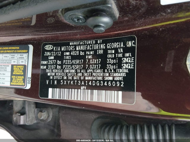 2013 Kia Sorento Lx მანქანა იყიდება აუქციონზე, vin: 5XYKT3A14DG346092, აუქციონის ნომერი: 44854426