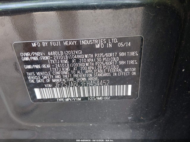 Продажа на аукционе авто 2015 Subaru Forester 2.5i, vin: JF2SJABC3FH454452, номер лота: 44854430