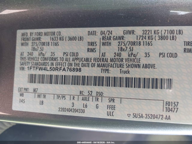 2024 Ford F-150 Tremor მანქანა იყიდება აუქციონზე, vin: 1FTFW4L50RFA76898, აუქციონის ნომერი: 44854440