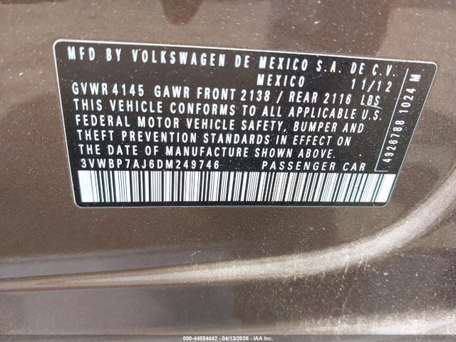 44854442 :رقم المزاد ، 3VWBP7AJ6DM249746 vin ، 2013 Volkswagen Jetta Se مزاد بيع