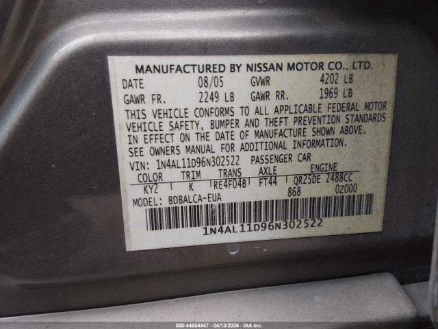 2006 Nissan Altima 2.5 S მანქანა იყიდება აუქციონზე, vin: 1N4AL11D96N302522, აუქციონის ნომერი: 44854447