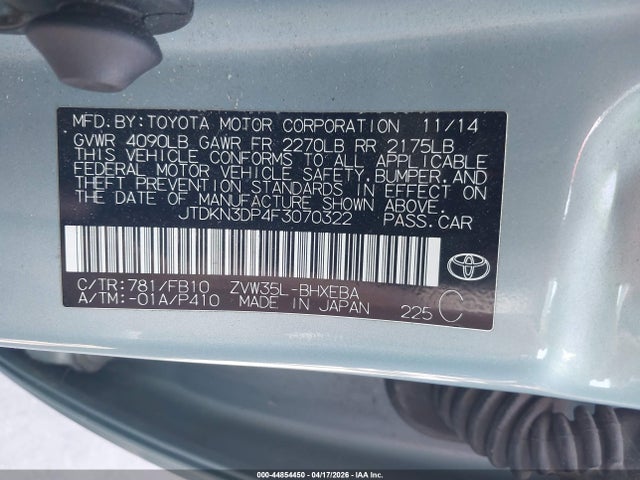 Aukcja sprzedaży 2015 Toyota Prius Plug-in, vin: JTDKN3DP4F3070322, numer aukcji: 44854450
