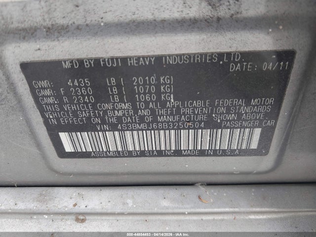 44854453 :رقم المزاد ، 4S3BMBJ68B3250504 vin ، 2011 Subaru Legacy 2.5i Limited مزاد بيع