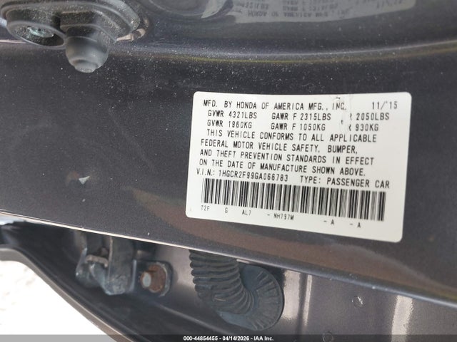 Aukcja sprzedaży 2016 Honda Accord Ex-l, vin: 1HGCR2F99GA066783, numer aukcji: 44854455