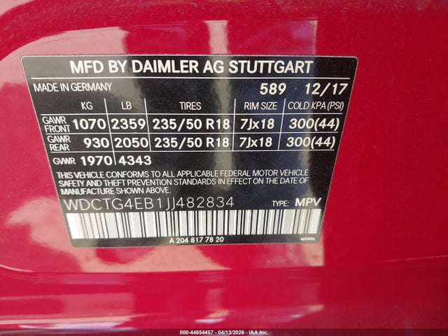 44854457 :رقم المزاد ، WDCTG4EB1JJ482834 vin ، 2018 Mercedes-benz Gla 250 مزاد بيع