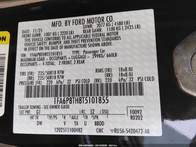 Продаж на аукціоні авто 2026 Ford Mustang Ecoboost Fastback, vin: 1FA6P8TH8T5101855, номер лоту: 44854463
