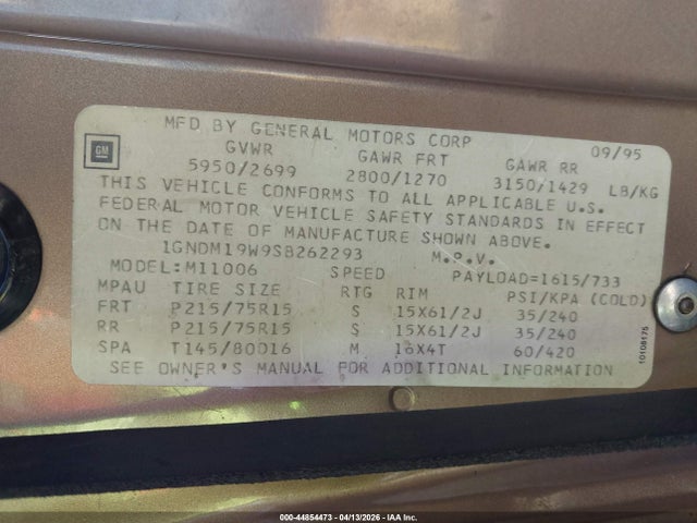 Aukcja sprzedaży 1995 Chevrolet Astro, vin: 1GNDM19W9SB262293, numer aukcji: 44854473