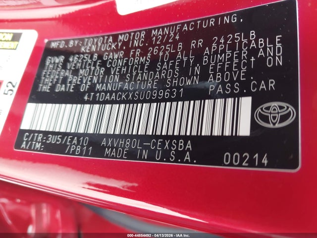 44854492 :رقم المزاد ، 4T1DAACKXSU099631 vin ، 2025 Toyota Camry Se مزاد بيع