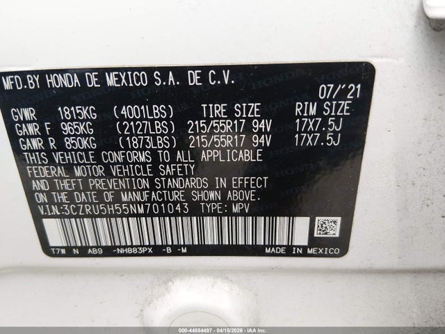 44854497 :رقم المزاد ، 3CZRU5H55NM701043 vin ، 2022 Honda Hr-v 2wd Ex مزاد بيع