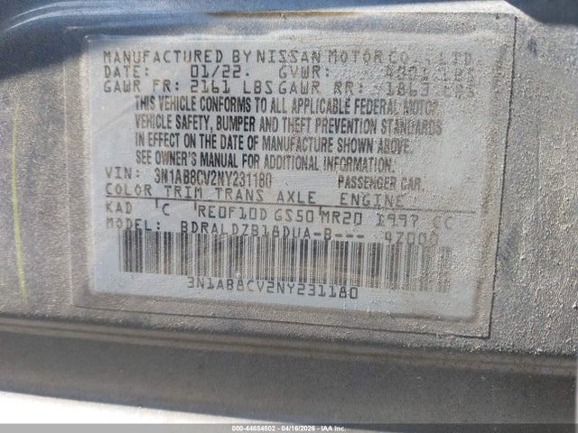 Продаж на аукціоні авто 2022 Nissan Sentra Sv Xtronic Cvt, vin: 3N1AB8CV2NY231180, номер лоту: 44854502