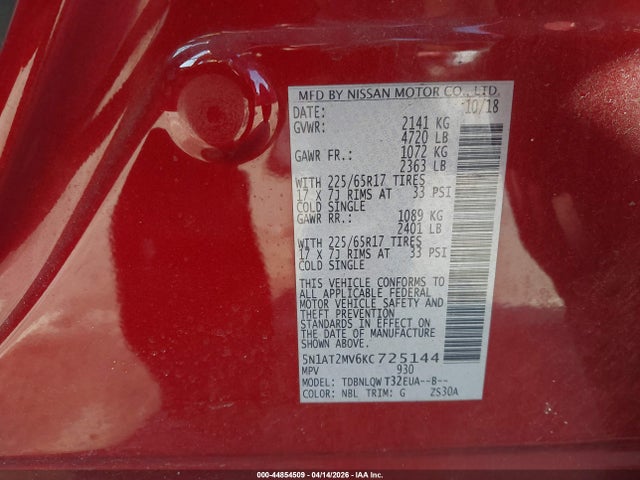 Продаж на аукціоні авто 2019 Nissan Rogue Sv, vin: 5N1AT2MV6KC725144, номер лоту: 44854509